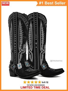 Knee High Western Cowboy Boots Embroidered Leather Block Heel